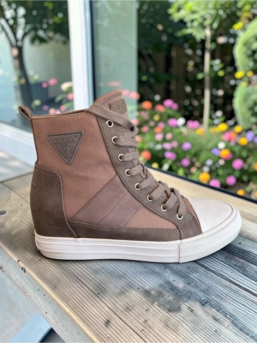 GUESS Women's High-Top Lace-Up Sneakers in Taupe (brown/gray)and White